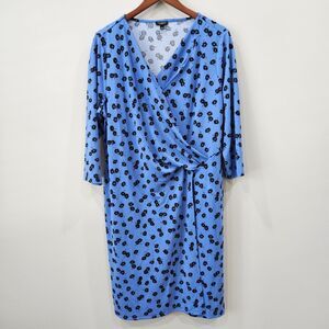 Talbots Womens Floral Faux Wrap Dress Plus Petite 2XP Blue Long Sleeves Career